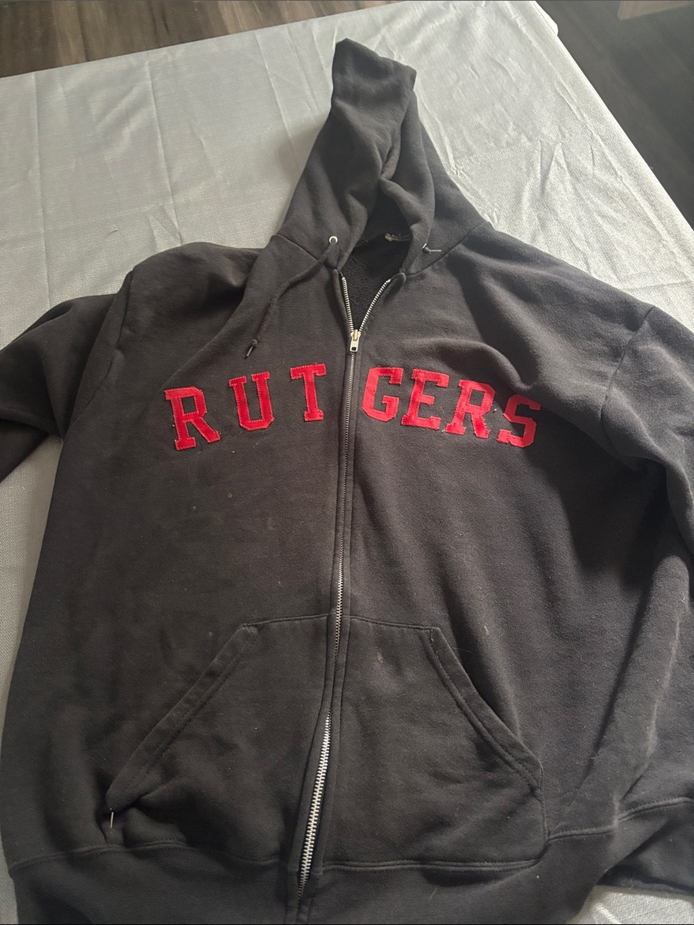 Black Zip-Up Hoodie with Red Rutgers Lettering
